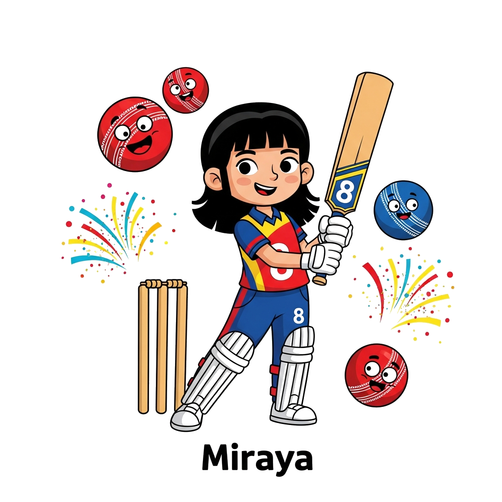 Custom design: A cheerful cartoon girl, Miraya, in a vibrant cricket uniform, holding a cricket bat, with a number 8 on her jersey, ...
