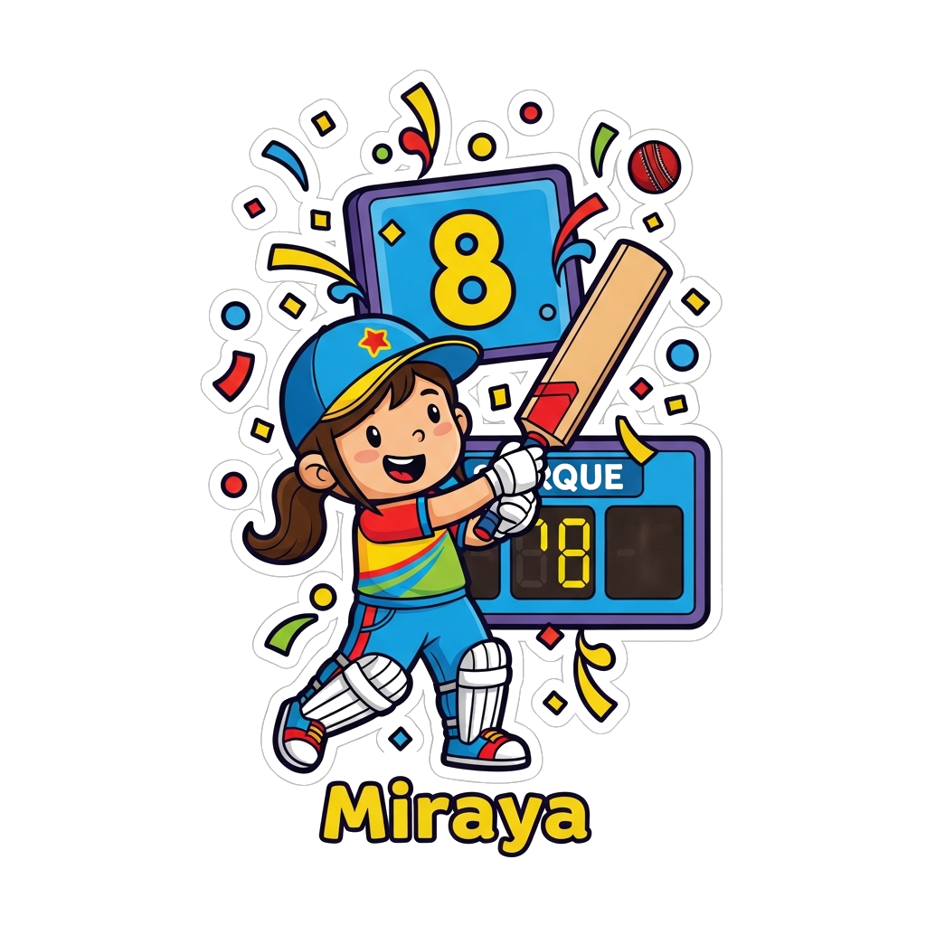 Custom design: A cheerful cartoon girl, Miraya, in a cricket uniform, joyfully hitting a cricket ball. The number '8' is cleverly in...