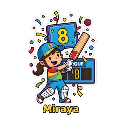 Design: A cheerful cartoon girl, Miraya, in a cricket uniform, joyfully hitting a cri...