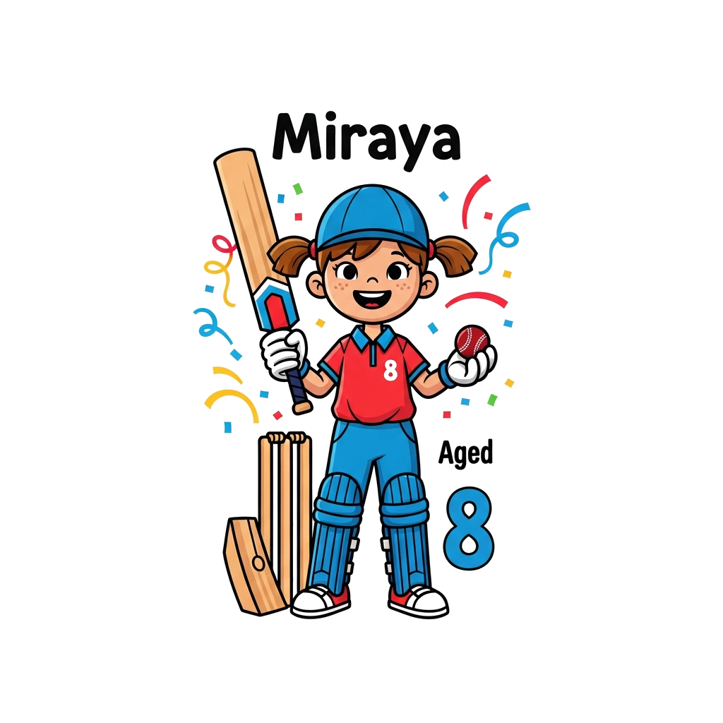 Custom design: A cheerful cartoon girl named Miraya, aged 8, with pigtails, wearing a vibrant cricket uniform, holding a bat and bal...