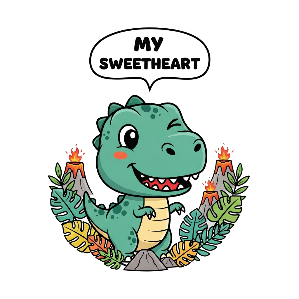 Custom design: A cute, friendly baby T-Rex cartoon character, winking and smiling, surrounded by colorful jungle leaves and tiny vol...