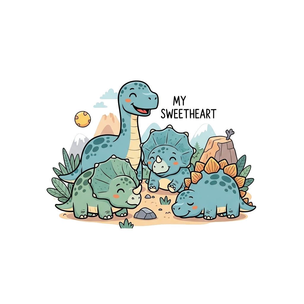 Custom design: A group of adorable, round cartoon dinosaurs (like a happy Brontosaurus, a giggling Triceratops, and a sleepy Stegosa...