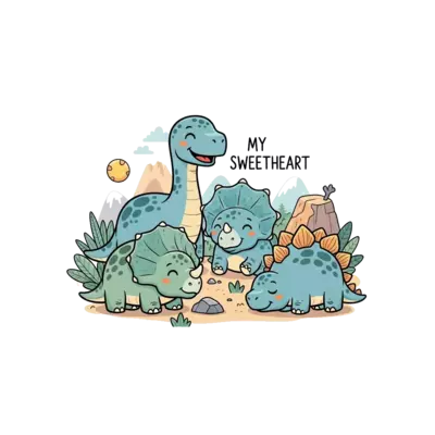 Design: A group of adorable, round cartoon dinosaurs (like a happy Brontosaurus, a gi...