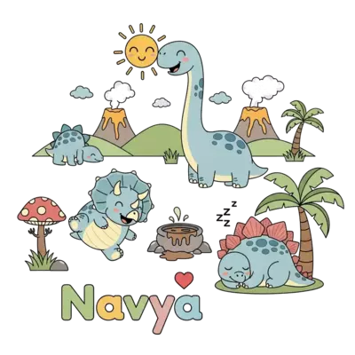 Design: A group of adorable, round cartoon dinosaurs (a happy Brontosaurus, a gigglin...