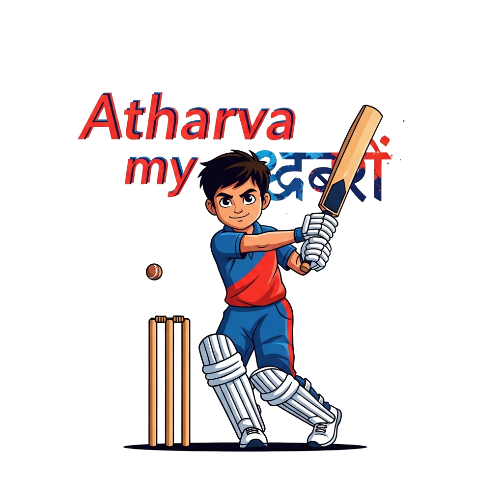 Custom design: A realistic illustration of a young, determined boy (Atharva) in a cricket uniform, mid-swing with a bat, with a subt...
