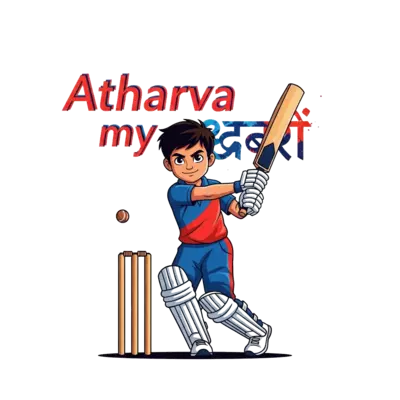 Design: A realistic illustration of a young, determined boy (Atharva) in a cricket un...