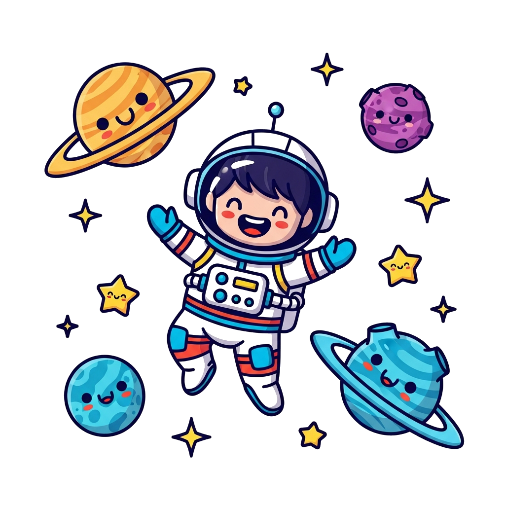 Custom design: A cute cartoon astronaut Jinansh floating happily in space, surrounded by friendly smiling planets and sparkling star...