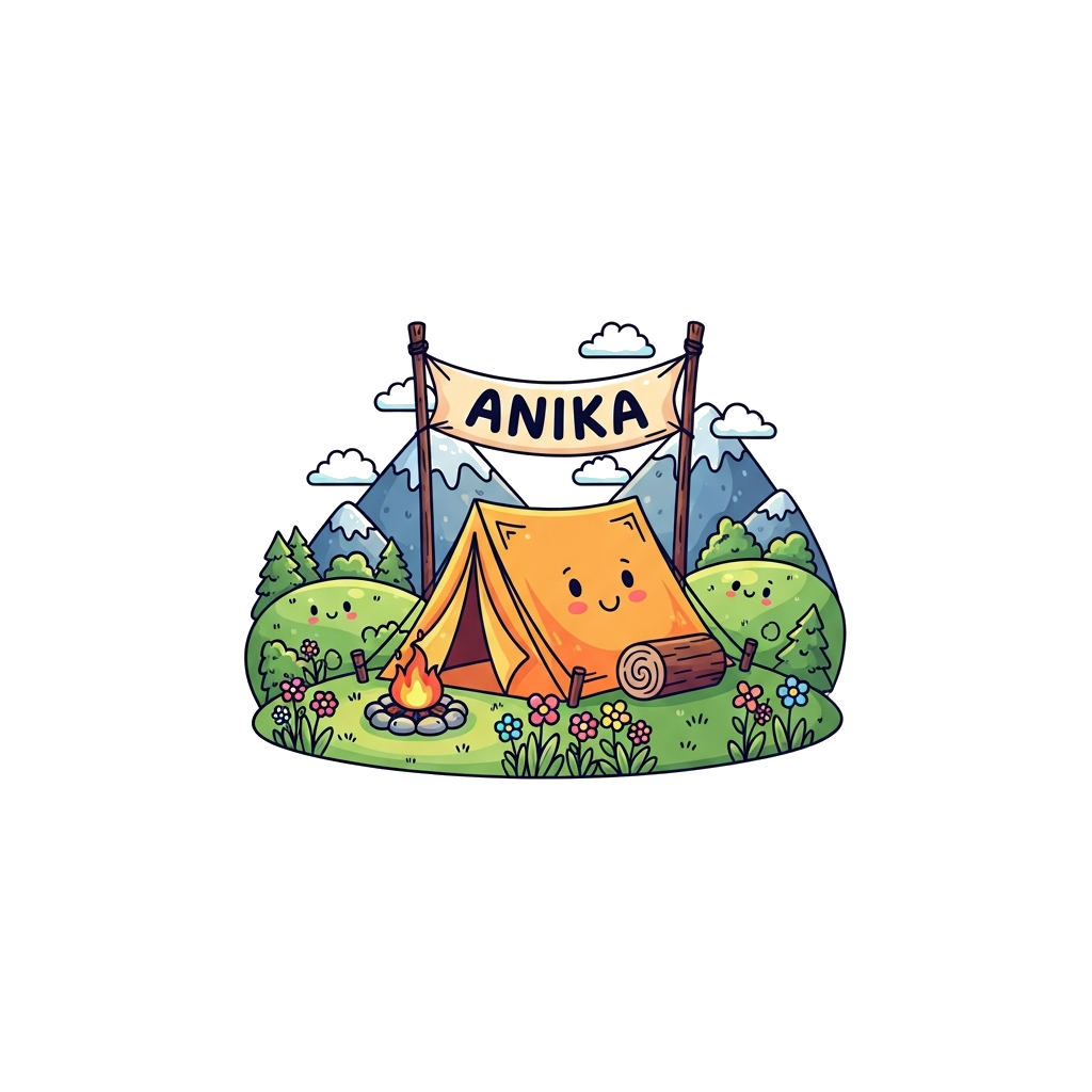 Custom design: A cute cartoon illustration of a cozy camping scene with a tiny, adorable tent nestled among friendly rolling mountai...