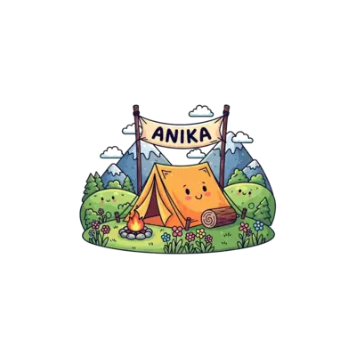 Design: A cute cartoon illustration of a cozy camping scene with a tiny, adorable ten...