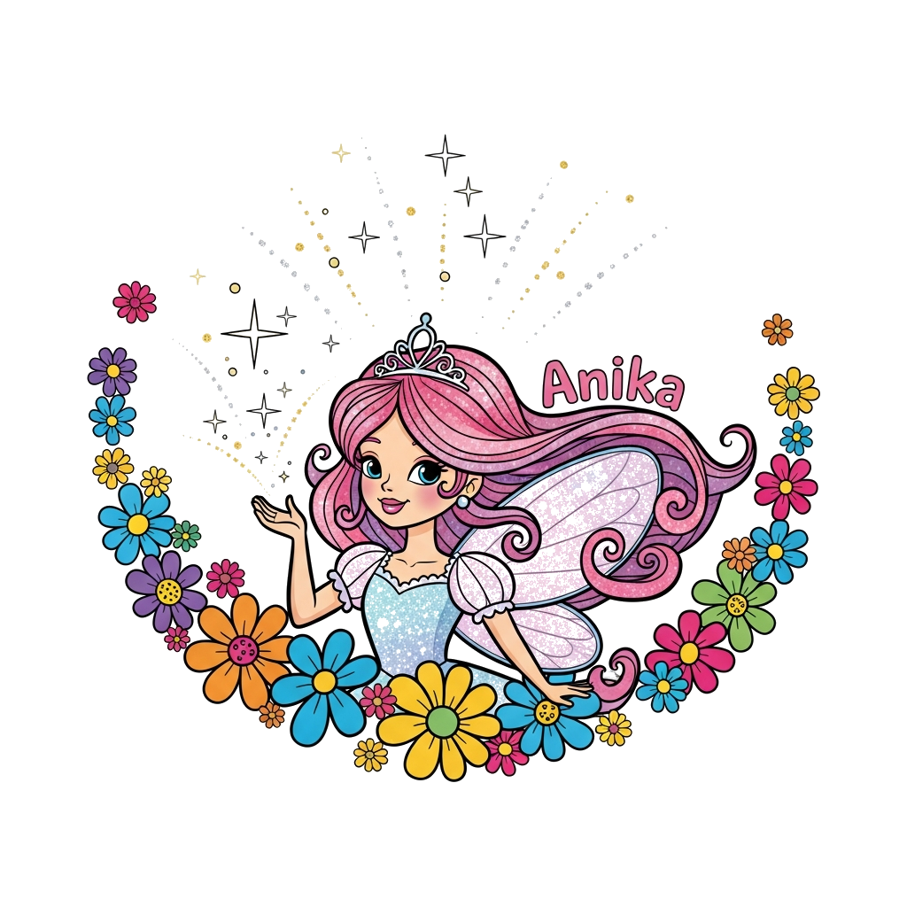 Custom design: A whimsical illustration of a beautiful fairy princess with flowing pink and purple hair, surrounded by sparkling mag...