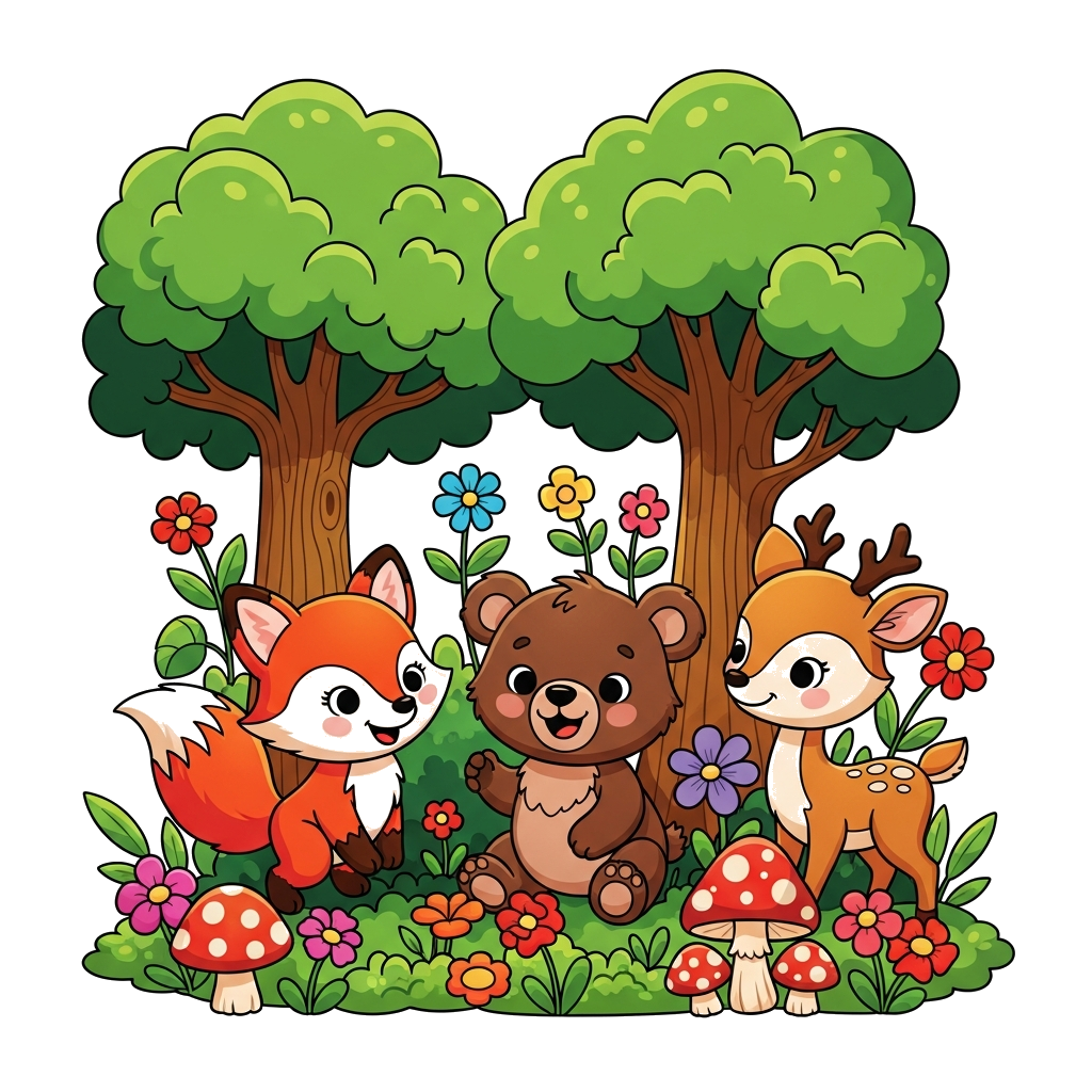 Custom design: A cheerful group of cartoon forest animals like a fox, bear cub, and a curious deer, playing among vibrant green tree...