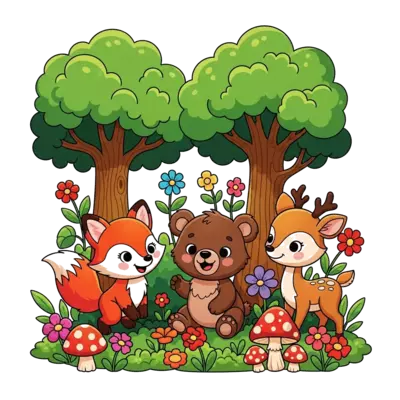 Design: A cheerful group of cartoon forest animals like a fox, bear cub, and a curiou...