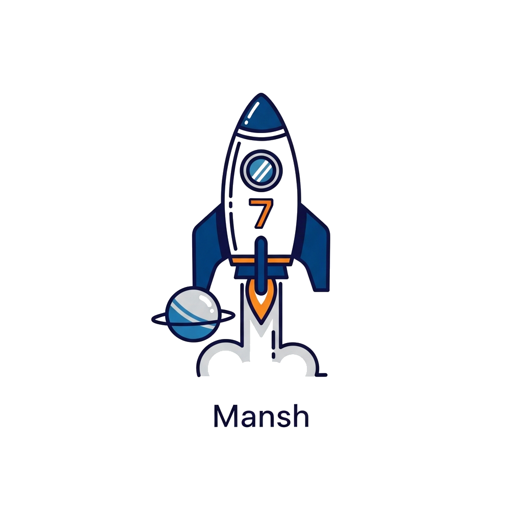 Custom design: A minimalist illustration of a sleek rocket ship with the number 7 subtly integrated, launching towards a stylized pl...