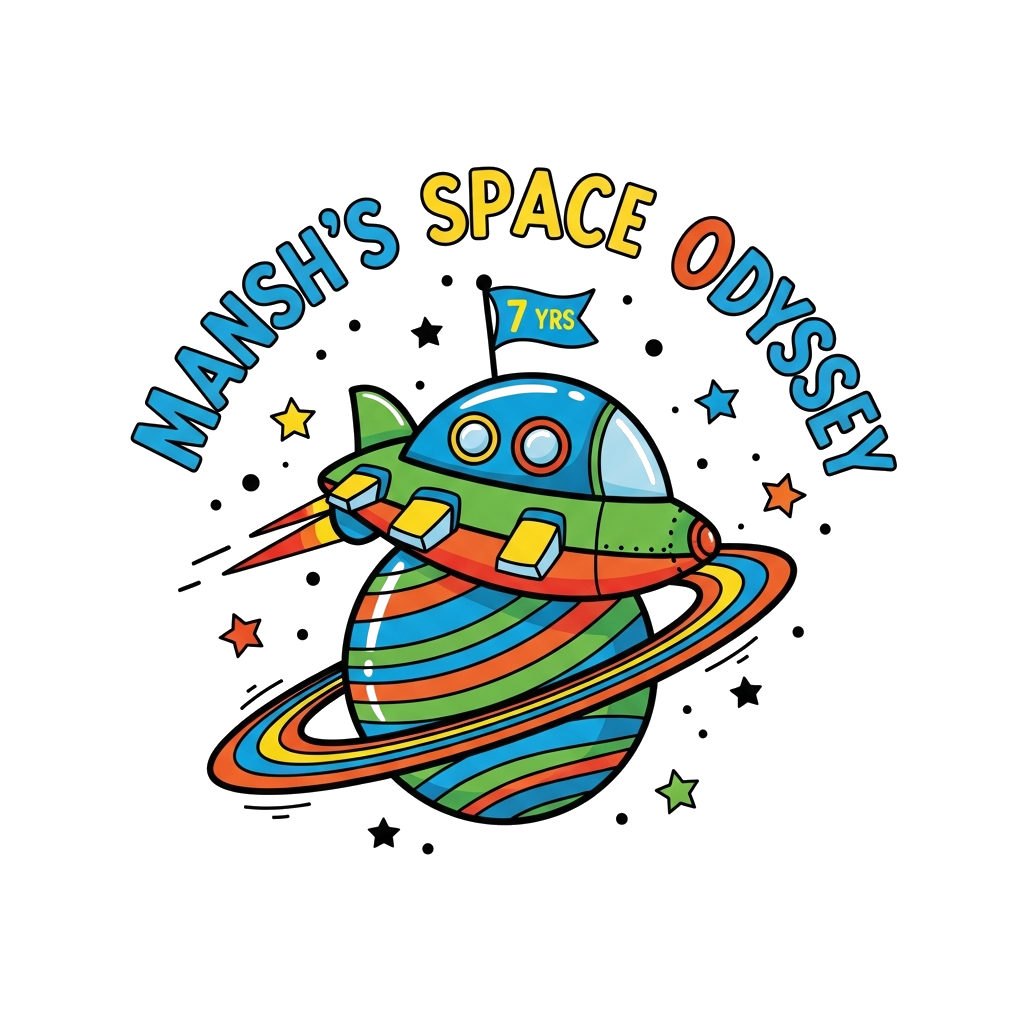 Custom design: A vibrant, child-friendly illustration featuring a cheerful, cartoon-style spaceship with a small flag proudly displa...