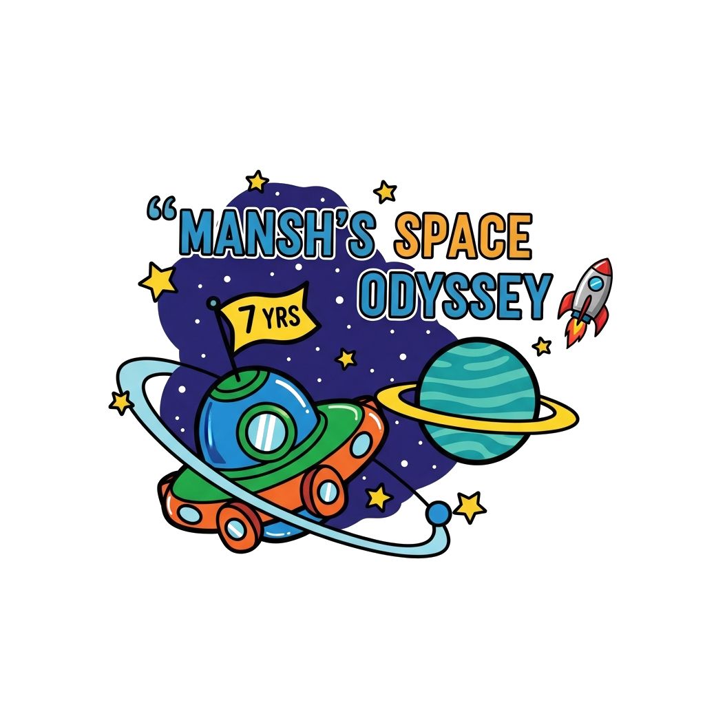 Custom design: A vibrant, child-friendly illustration featuring a cheerful, cartoon-style spaceship with a small flag proudly displa...