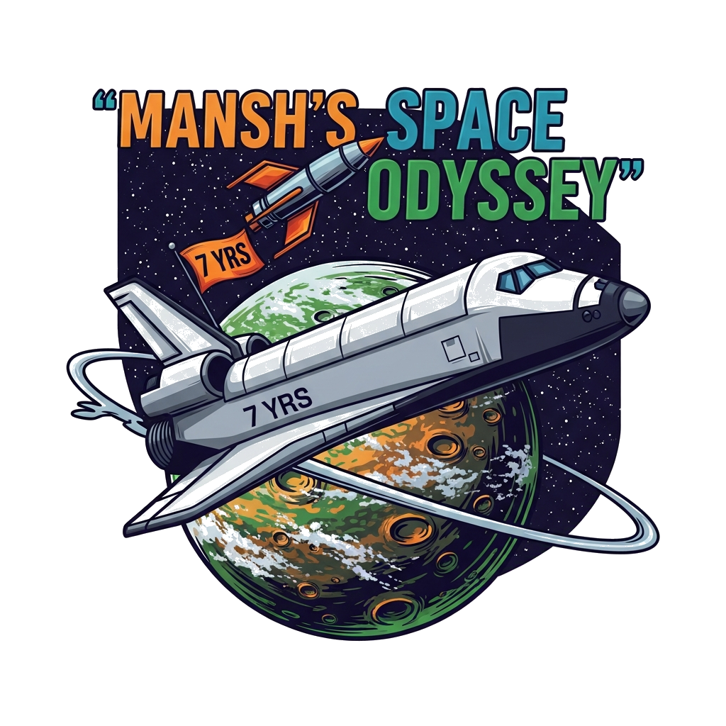 Custom design: A highly detailed, sleek space shuttle, not cartoonish but still friendly, with a small flag proudly displaying '7 YR...