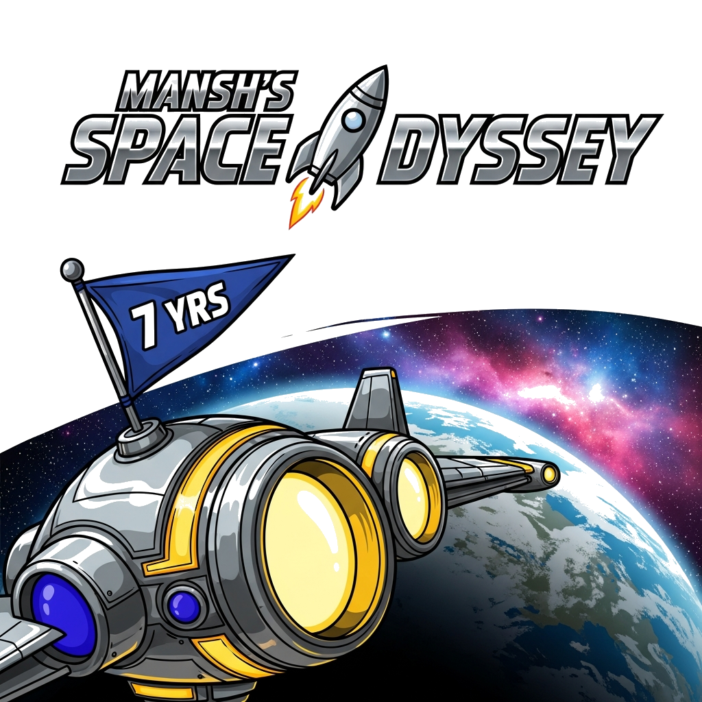 Custom design: A close-up, impactful view of a futuristic, yet grounded spaceship, displaying '7 YRS' on a small, angular flag. The ...
