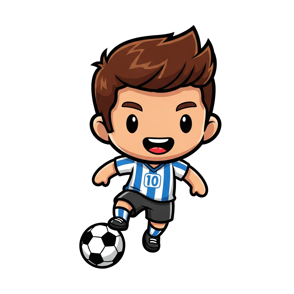 Custom design: A super cute, chibi-style cartoon footballer character, with brown hair and a big smile, skillfully dribbling a footb...