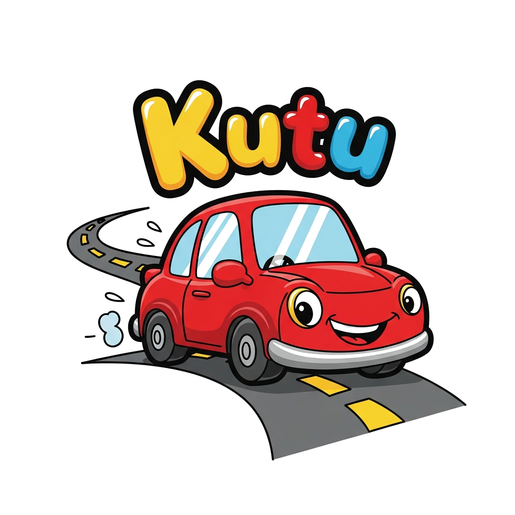 Custom design: A cheerful, smiling red cartoon auto driving on a winding road, with the name 'Kutu' playfully written above it in a ...
