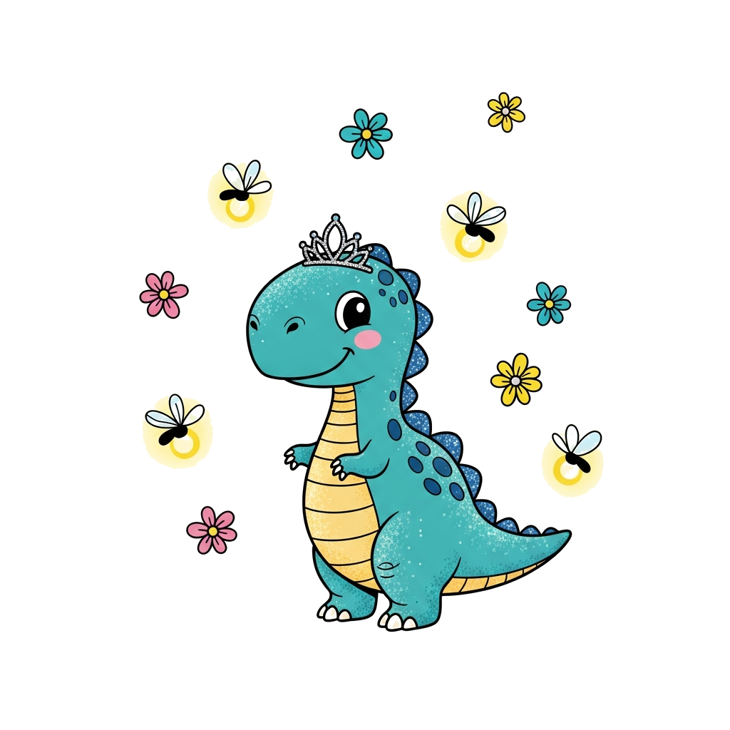 Custom design: A whimsical scene with a friendly, sparkly cartoon dinosaur wearing a tiny tiara, surrounded by glowing fireflies and...