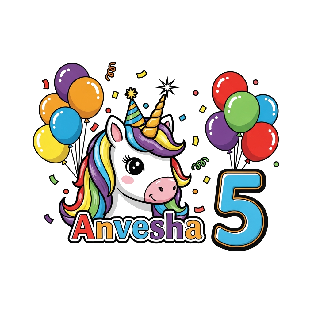 Custom design: A whimsical cartoon unicorn with a sparkling horn and rainbow mane, wearing a tiny party hat, surrounded by colorful ...