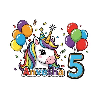 Design: A whimsical cartoon unicorn with a sparkling horn and rainbow mane, wearing a...