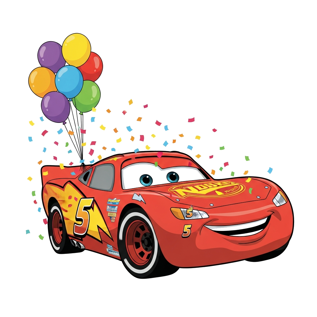 Custom design: A vibrant cartoon illustration of Lightning McQueen from Disney's Cars, racing excitedly with the number 5 prominentl...