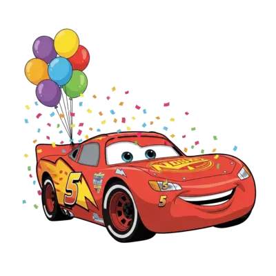 Design: A vibrant cartoon illustration of Lightning McQueen from Disney's Cars, racin...