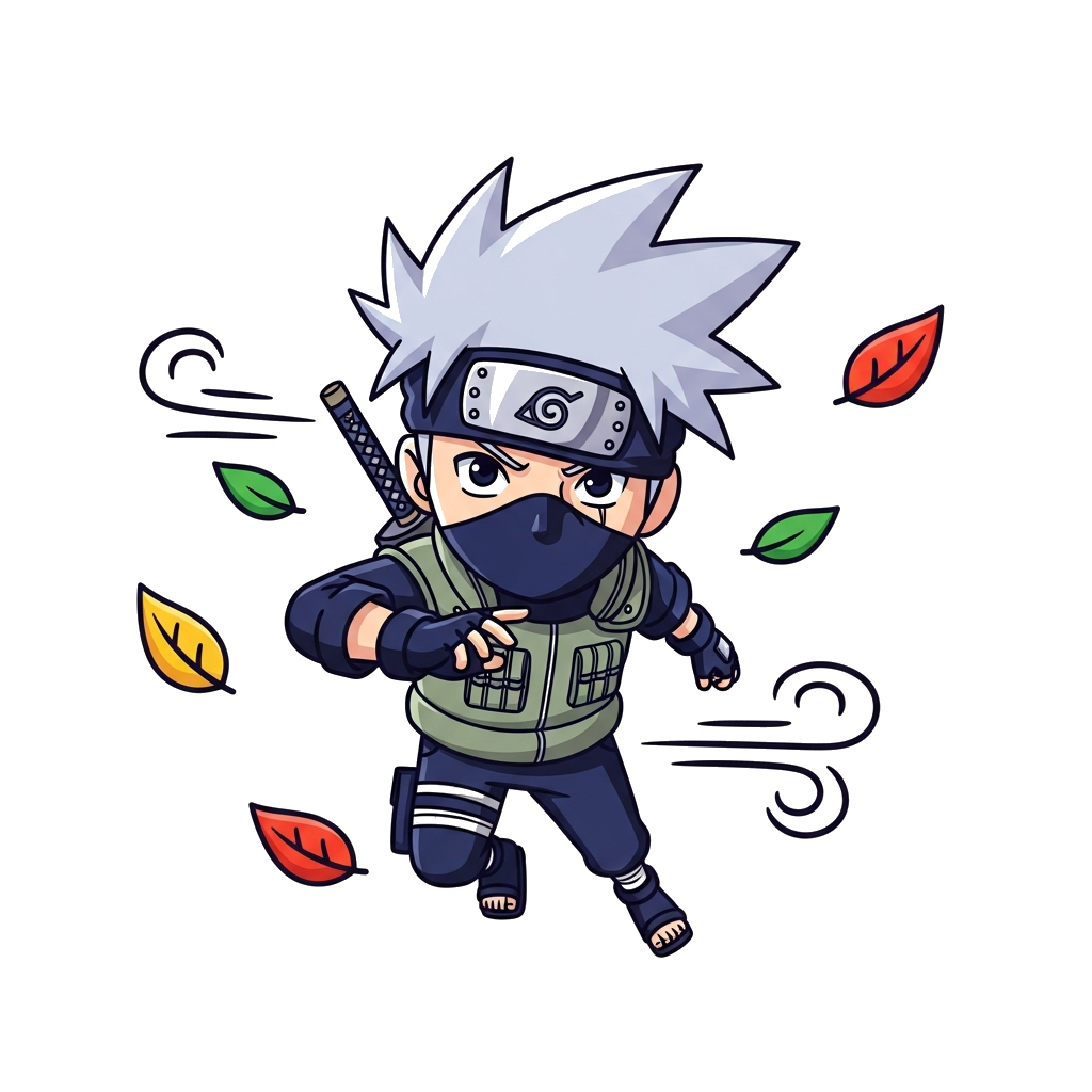 Custom design: A dynamic and cheerful cartoon illustration of Kakashi Hatake in a cool, simplified ninja pose, with bright, vibrant ...