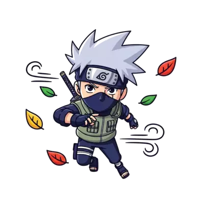 Design: A dynamic and cheerful cartoon illustration of Kakashi Hatake in a cool, simp...
