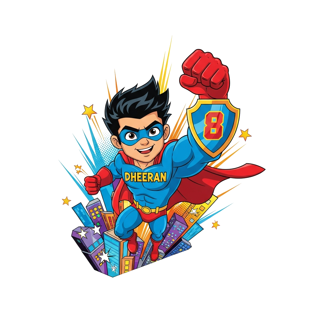 Custom design: A dynamic cartoon superhero boy with the name 'Dheeran' on his chest, striking a powerful pose, with the number 8 int...