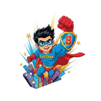 Design: A dynamic cartoon superhero boy with the name 'Dheeran' on his chest, strikin...