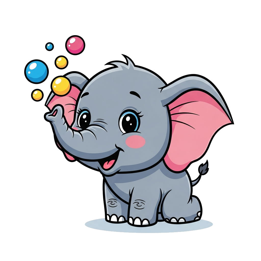 Custom design: A super cute cartoon baby elephant with big, friendly eyes, happily playing with colorful bubbles, in a bright and ch...