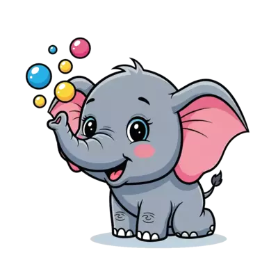 Design: A super cute cartoon baby elephant with big, friendly eyes, happily playing w...