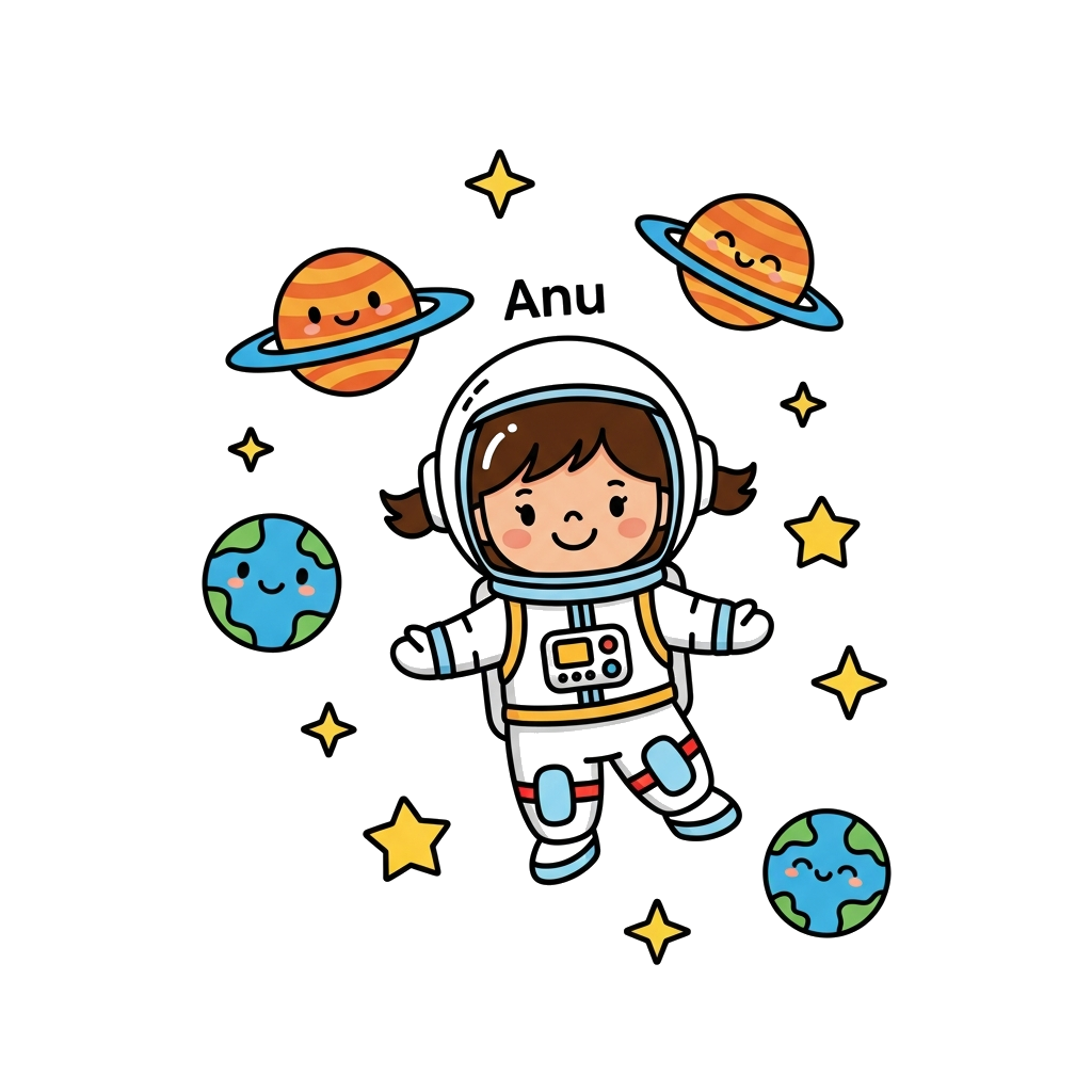 Custom design: A cheerful cartoon girl named Anu in a minimalist astronaut suit, playfully floating among friendly planets and twink...