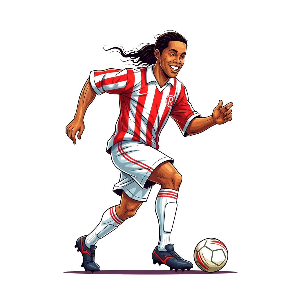 Custom design: A vibrant, artistic illustration of Ronaldinho Gaúcho mid-dribble, with exaggerated, flowing lines and his iconic, ch...
