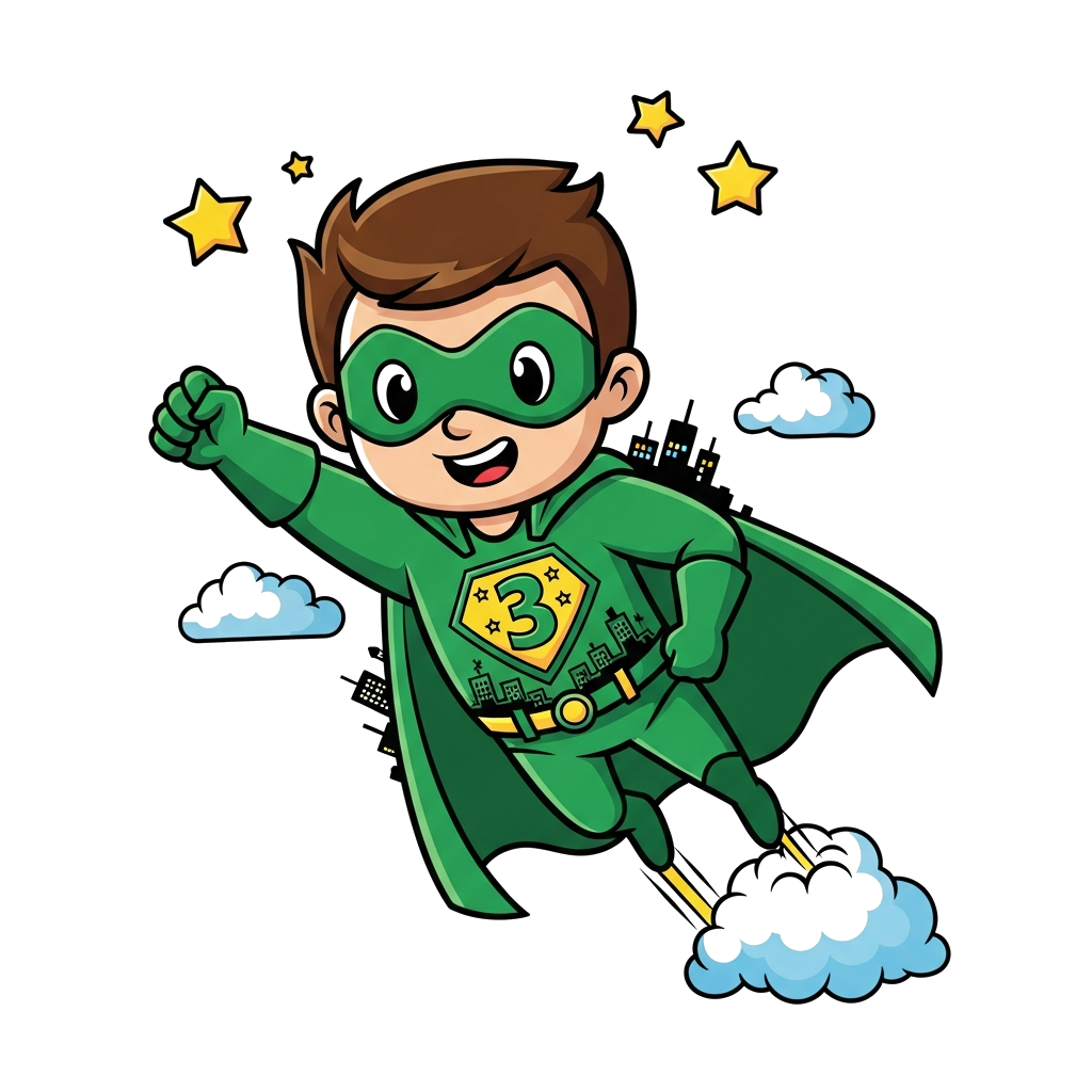 Custom design: A cute cartoon superhero character, flying through the sky with a vibrant green suit and cape, striking a heroic pose...