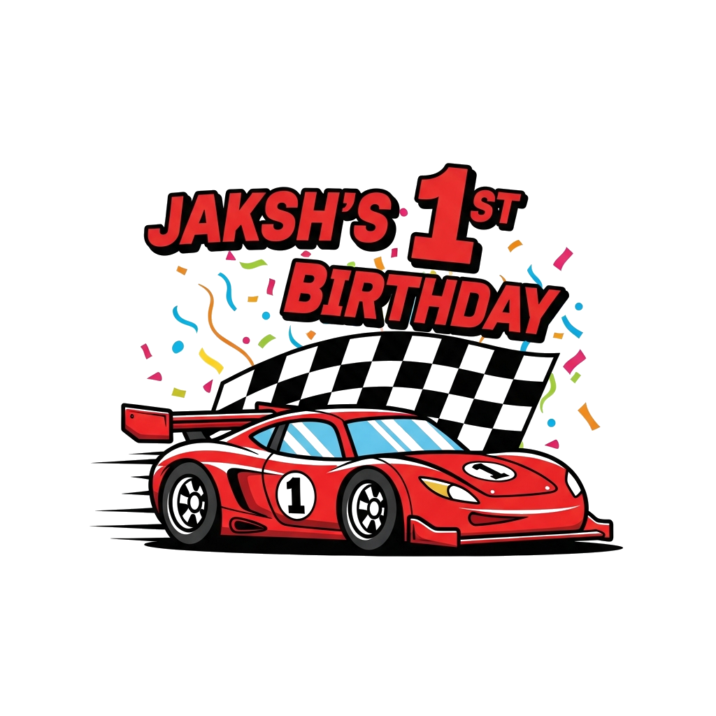 Custom design: A bold and cool cartoon illustration of a vibrant red race car with the number '1' on its side, speeding across a che...