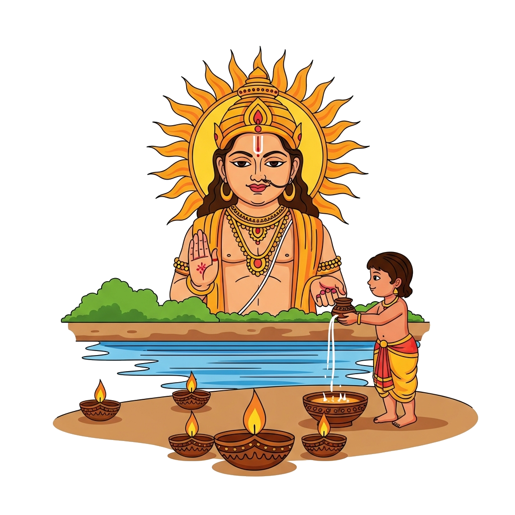 Custom design: A majestic yet friendly Sun God Surya rising over a serene river ghat, with a stylized child figure offering Arghya f...