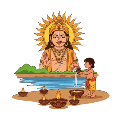 Design: A majestic yet friendly Sun God Surya rising over a serene river ghat, with a...