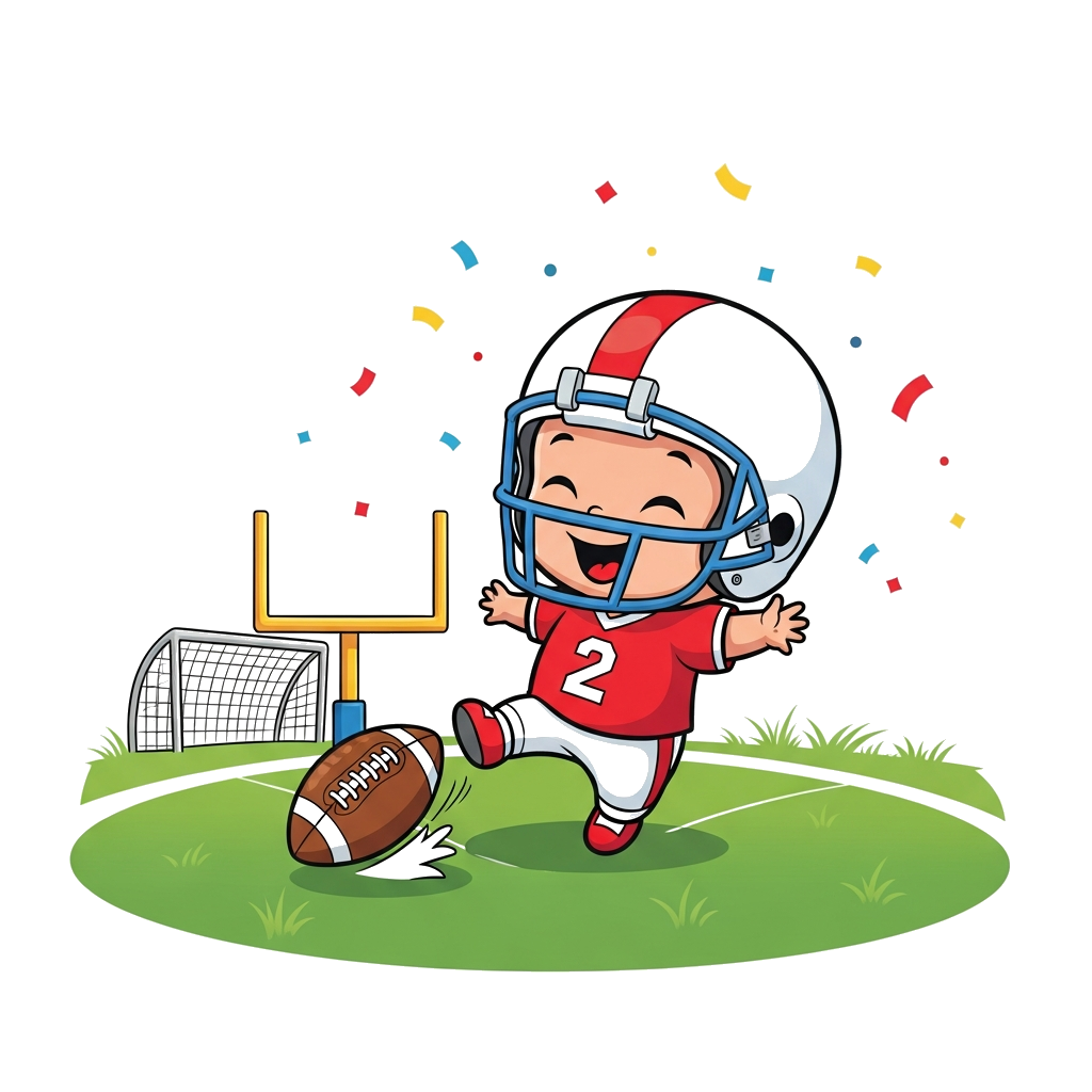 Custom design: A cute cartoon baby football player character, wearing a tiny jersey with the number '2', joyfully kicking a football...