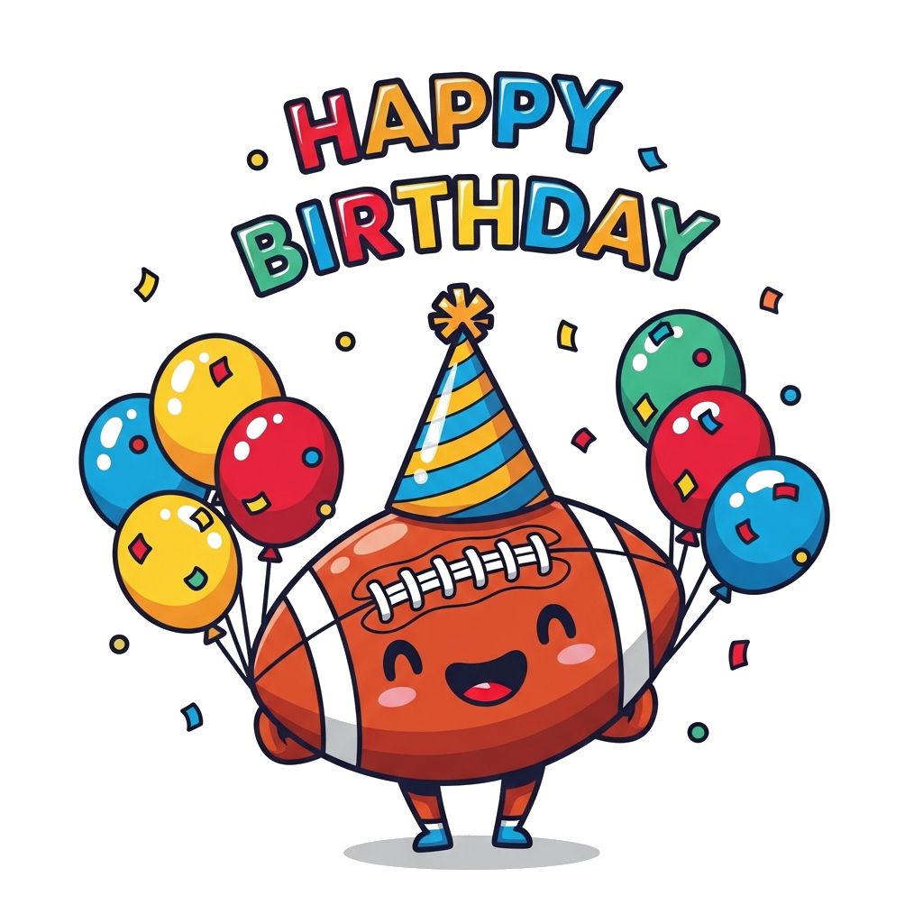 Custom design: A cheerful cartoon football wearing a party hat, surrounded by colorful balloons and confetti, with a 'Happy Birthday...