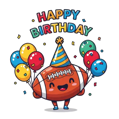Design: A cheerful cartoon football wearing a party hat, surrounded by colorful ballo...