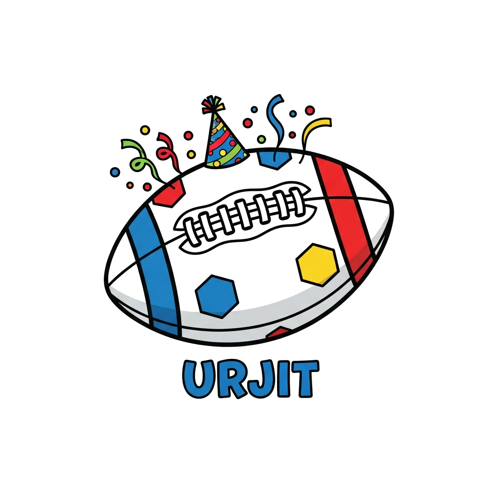 Custom design: A cheerful, cartoon-style illustration of a football with a white base and hexagonal blue, red, yellow panels. The fo...