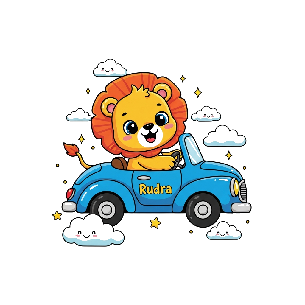 Custom design: A super cute cartoon baby lion happily driving a bright blue vintage car, with 'Rudra' subtly integrated on the car's...