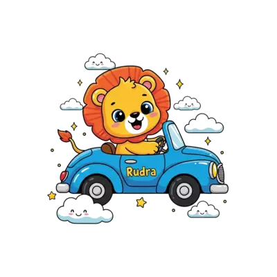 Design: A super cute cartoon baby lion happily driving a bright blue vintage car, wit...