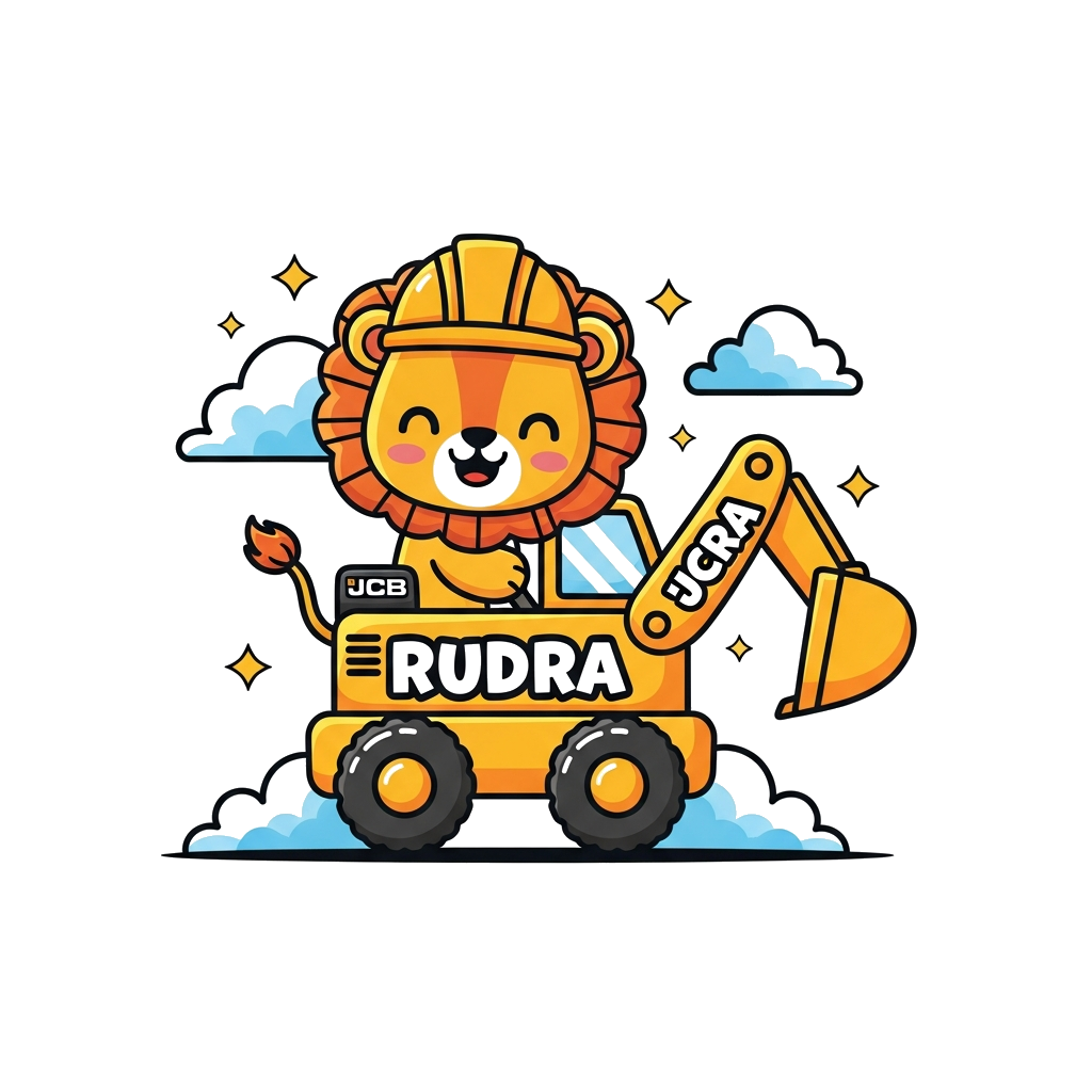 Custom design: A super cute cartoon baby lion happily driving a bright yellow JCB, with the name 'Rudra' boldly displayed on the sid...