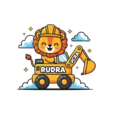 Design: A super cute cartoon baby lion happily driving a bright yellow JCB, with the ...