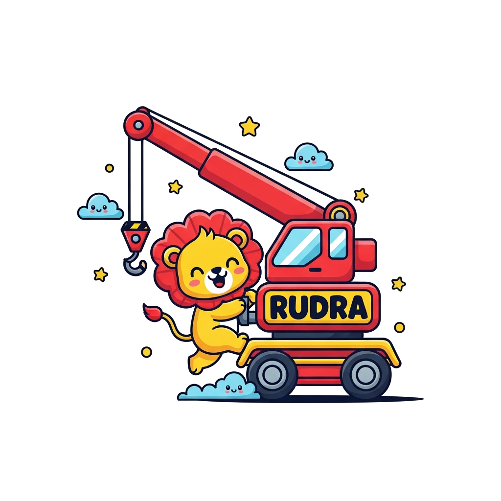 Custom design: A super cute cartoon baby lion joyfully operating a big red crane, with the name 'Rudra' emblazoned on the crane's ca...