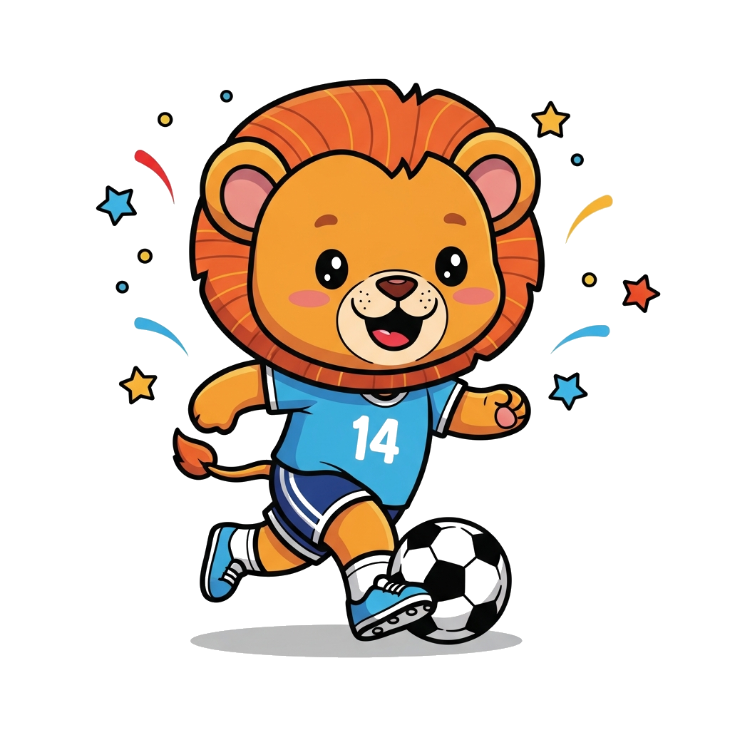 Custom design: A super cute cartoon baby lion cub playing football, dribbling a striped ball with a big smile, surrounded by playful...